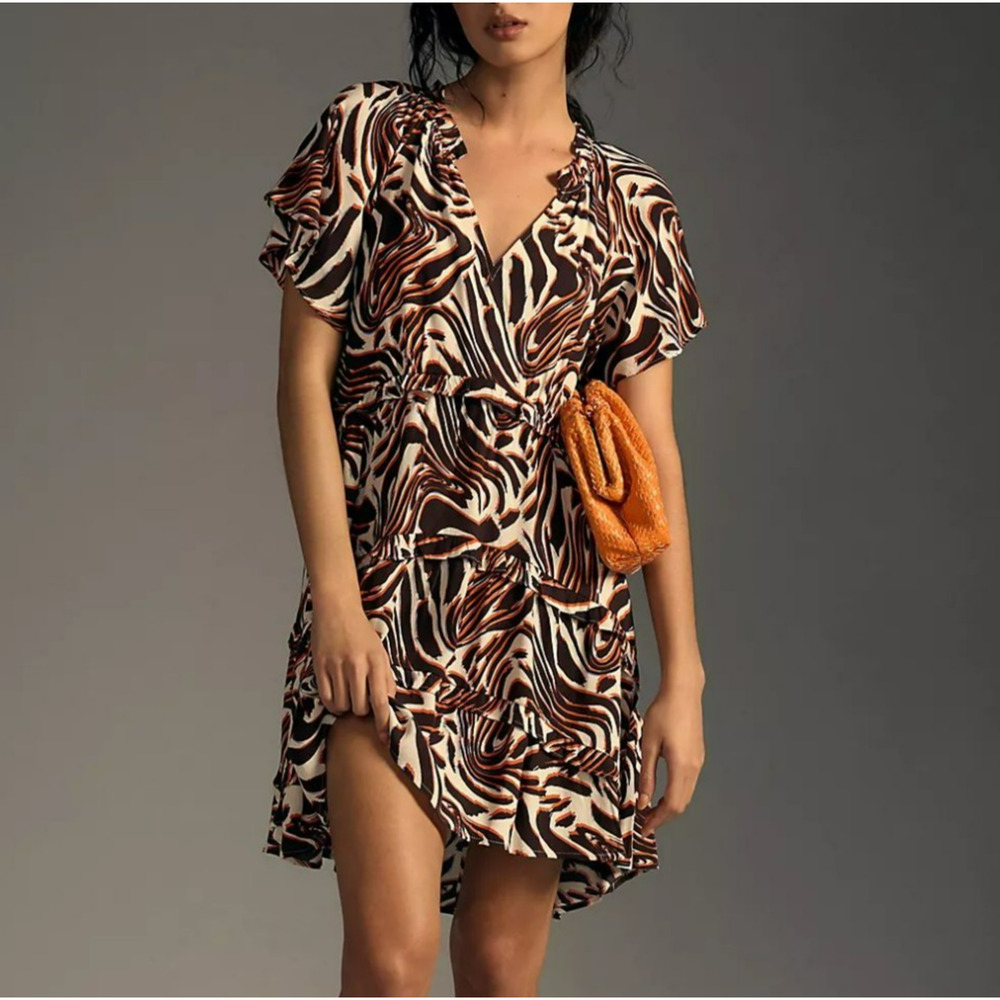Anthropologie Brown Black Cream Swirl Mini Dress